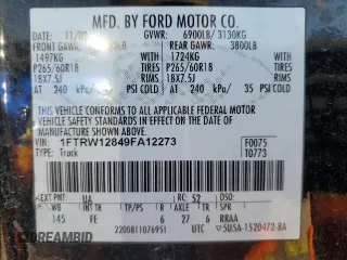 2009 Ford F-150 XL with VIN 1FTRW12849FA12273, listed as a Copart auction lot 52548555 with 190,892 mi miles and Salvage Title. Bid and sale history available at carsss.com. Image 12.