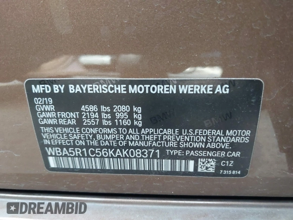 2019 BMW 3 Series 330i with VIN WBA5R1C56KAK08371, listed as a IAAI auction lot 41671953 with 52,433 mi miles and . Bid and sale history available at DreamBid. Image 9.