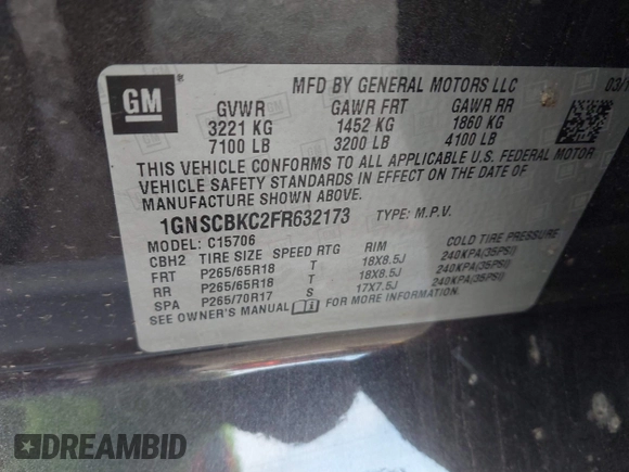 2015 Chevrolet Tahoe LT with VIN 1GNSCBKC2FR632173, listed as a IAAI auction lot 42135105 with 150,033 mi miles and . Bid and sale history available at DreamBid. Image 9.