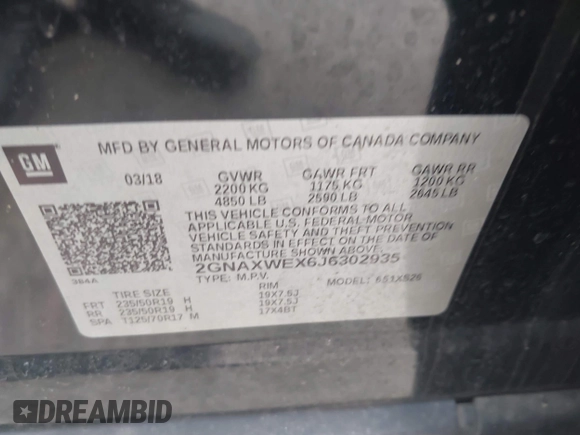 2018 Chevrolet Equinox Premier with VIN 2GNAXWEX6J6302935, listed as a IAAI auction lot 42065883 with 61,983 mi miles and . Bid and sale history available at carsss.com. Image 9.
