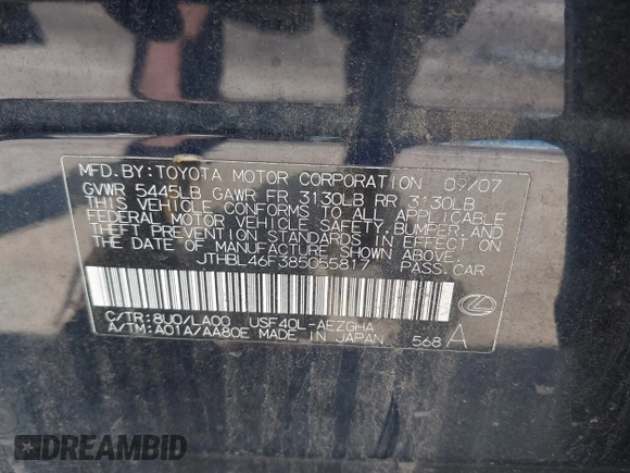 2008 Lexus LS 460 with VIN JTHBL46F385055817, listed as a IAAI auction lot 42668757 with 220,389 mi miles and . Bid and sale history available at DreamBid. Image 9.