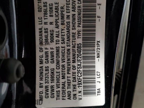 2018 Honda Civic LX with VIN 19XFC2F5XJE204085, listed as a Copart auction lot 51323935 with 164,201 mi miles and Salvage Title. Bid and sale history available at carsss.com. Image 12.