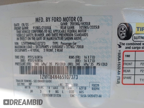 2006 Ford Mustang Standard with VIN 1ZVFT84N465107373, listed as a IAAI auction lot 42205471 with 60,598 mi miles and . Bid and sale history available at DreamBid. Image 9.