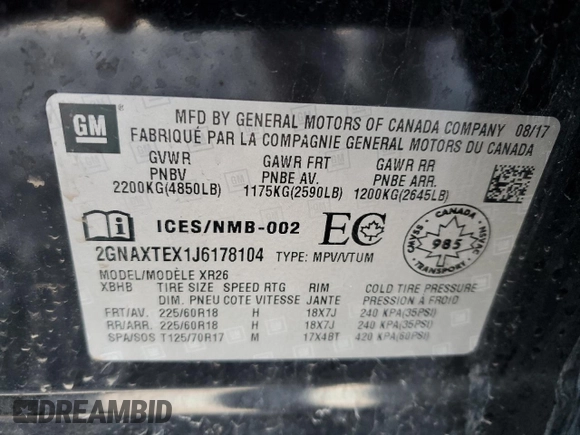2018 Chevrolet Equinox LT with VIN 2GNAXTEX1J6178104, listed as a Copart auction lot 45560234 with 86,067 mi miles and Salvage Title. Bid and sale history available at carsss.com. Image 14.