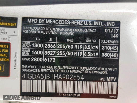 2017 Mercedes-Benz GLE 350 with VIN 4JGDA5JB1HA902654, listed as a Copart auction lot 59092805 with 104,503 mi miles and Clean title. Bid and sale history available at DreamBid. Image 14.