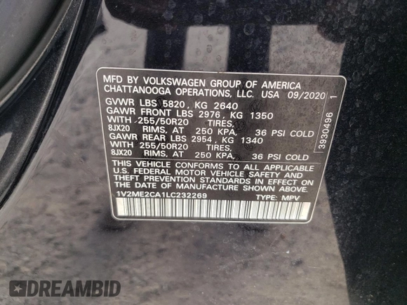 2020 Volkswagen Atlas SEL with VIN 1V2ME2CA1LC232269, listed as a Copart auction lot 48874745 with 107,967 mi miles and Salvage title. Bid and sale history available at DreamBid. Image 13.
