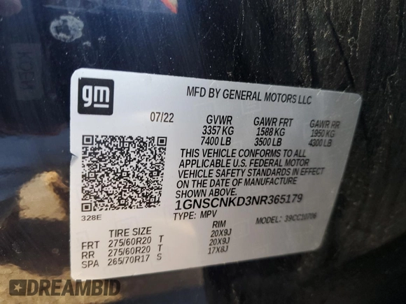 2022 Chevrolet Tahoe LT with VIN 1GNSCNKD3NR365179, listed as a Copart auction lot 82892144 with 53,447 mi miles and Salvage title. Bid and sale history available at DreamBid. Image 13.