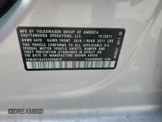 2012 Volkswagen Passat S with VIN 1VWAP7A37CC033613, listed as a Copart auction lot 63634505 with 398,735 mi miles and Salvage title. Bid and sale history available at DreamBid. Image 12.