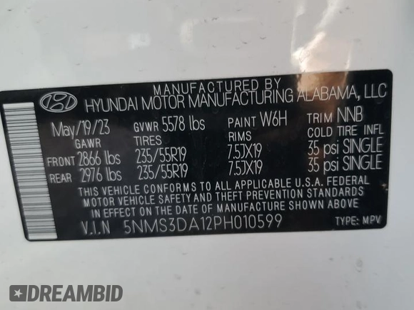2023 Hyundai Santa Fe Hybrid SEL Premium with VIN 5NMS3DA12PH010599, listed as a Copart auction lot 73428934 with 27,445 mi miles and Salvage Title. Bid and sale history available at carsss.com. Image 13.