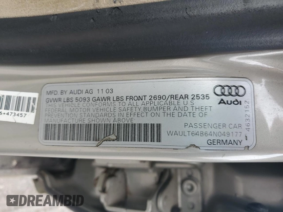 2004 Audi A6 3.0L with VIN WAULT64B64N049177, listed as a Copart auction lot 42530925 with 208,001 mi miles and Salvage Title. Bid and sale history available at carsss.com. Image 13.