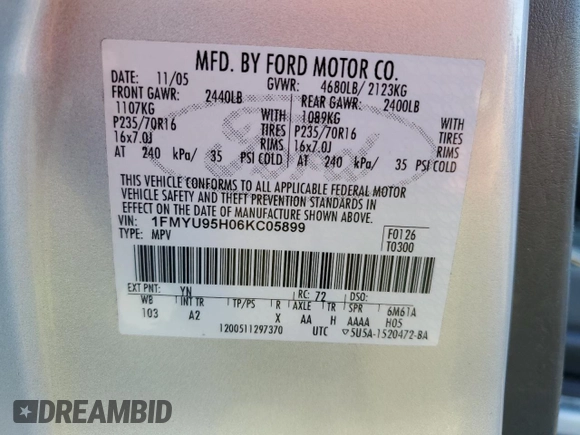 2006 Ford Escape with VIN 1FMYU95H06KC05899, listed as a Copart auction lot 69793844 with 119,923 mi miles and Salvage title. Bid and sale history available at DreamBid. Image 13.