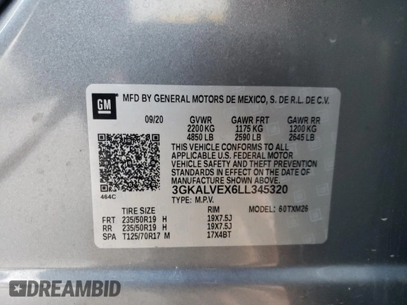 2020 GMC Terrain SLT with VIN 3GKALVEX6LL345320, listed as a Copart auction lot 84639284 with 57,412 mi miles and Salvage Title. Bid and sale history available at DreamBid. Image 13.