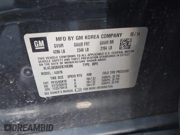 2014 Buick Encore Convenience with VIN KL4CJBSBXEB749396, listed as a IAAI auction lot 41860171 with 52,644 mi miles and . Bid and sale history available at DreamBid. Image 9.