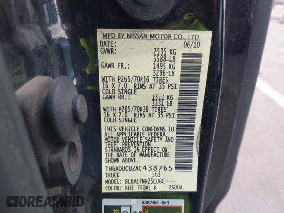 2010 Nissan Frontier SE с VIN 1N6AD0CU2AC438765, выставлен на аукционе IAAI как лот 41956355 с пробегом 123 007 миль миль и . История ставок и продаж доступна на DreamBid. Изображение 9.