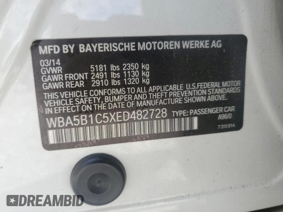 2014 BMW 5 Series 535i z VIN WBA5B1C5XED482728, wystawiony jako Copart lot #56638715 z przebiegiem 140 566 mil mil oraz Szkoda całkowita • Salvage title. Historia ofert i sprzedaży dostępna na DreamBid. Obrazek 12.