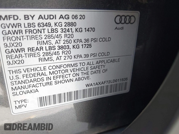 2020 Audi Q7 Premium with VIN WA1AXAF72LD011535, listed as a IAAI auction lot 41554635 with 48,970 mi miles. Bid and sale history available at carsss.com. Image 9.