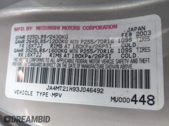 2003 Mitsubishi Montero Sport ES with VIN JA4MT21H93J046492, listed as a IAAI auction lot 42023037 with 181,406 mi miles. Bid and sale history available at carsss.com. Image 9.