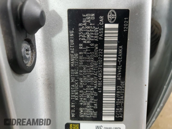 2007 Toyota Camry CE with VIN 4T1BE46K57U107232, listed as a Copart auction lot 52075235 with 196,952 mi miles and Salvage Title. Bid and sale history available at DreamBid. Image 12.