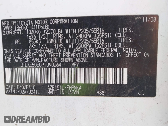 2009 Scion xB with VIN JTLKE50E091090264, listed as a IAAI auction lot 41718162 with 269,466 mi miles and . Bid and sale history available at DreamBid. Image 8.