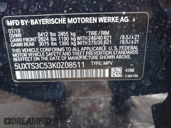2019 BMW X3 M40i with VIN 5UXTS3C53K0Z08511, listed as a IAAI auction lot 41633123 with 71,248 mi miles and . Bid and sale history available at DreamBid. Image 9.
