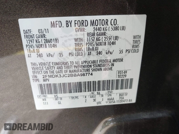 2011 Ford Edge SEL with VIN 2FMDK3JC2BBA98774, listed as a IAAI auction lot 42014358 with 178,875 mi miles. Bid and sale history available at carsss.com. Image 9.
