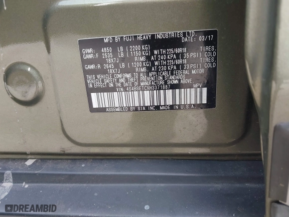 2017 Subaru Outback Touring with VIN 4S4BSETCXH3371887, listed as a IAAI auction lot 41692515 with 57,039 mi miles. Bid and sale history available at carsss.com. Image 9.