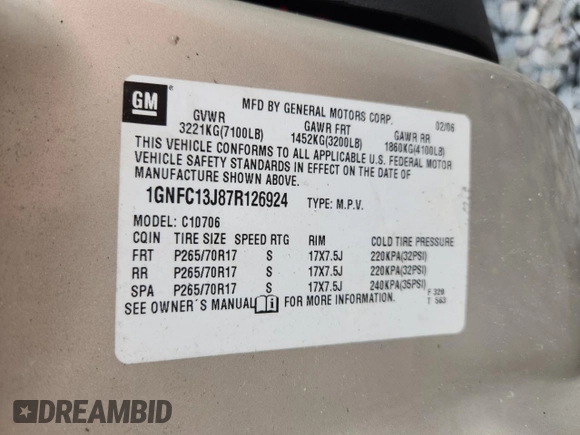 2007 Chevrolet Tahoe LT with VIN 1GNFC13J87R126924, listed as a Copart auction lot 54045695 with Not provided miles and Salvage title. Bid and sale history available at DreamBid. Image 14.