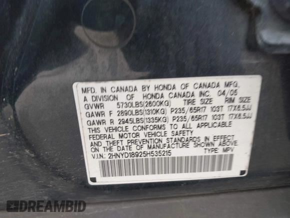 2005 Acura MDX Touring with VIN 2HNYD18925H535215, listed as a IAAI auction lot 42307350 with 247,742 mi miles and . Bid and sale history available at DreamBid. Image 9.