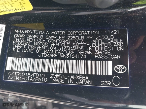 2022 Toyota Prius L Eco with VIN JTDKAMFUXN3164174, listed as a IAAI auction lot 41512388 with 33,664 mi miles. Bid and sale history available at carsss.com. Image 9.