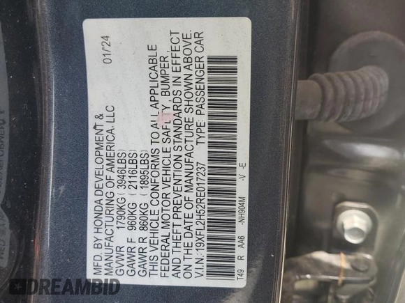 2024 Honda Civic LX z VIN 19XFL2H52RE017237, wystawiony jako Copart lot #56076635 z przebiegiem 20 999 mil mil oraz Szkoda całkowita • Salvage title. Historia ofert i sprzedaży dostępna na DreamBid. Obrazek 12.