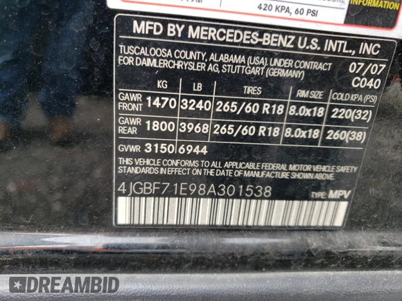 2008 Mercedes-Benz GL-Class 4.6L with VIN 4JGBF71E98A301538, listed as a Copart auction lot 71612184 with 157,189 mi miles and Salvage Title. Bid and sale history available at carsss.com. Image 13.
