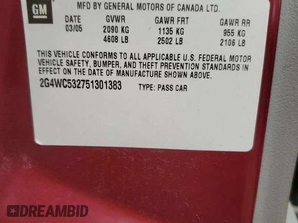 2005 Buick LaCrosse CX z VIN 2G4WC532751301383, wystawiony jako Copart lot #58575385 z przebiegiem 199 437 mil mil oraz Nie do naprawy • Non repairable. Historia ofert i sprzedaży dostępna na DreamBid. Obrazek 12.