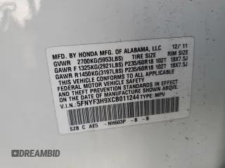 2012 Honda Pilot Touring with VIN 5FNYF3H9XCB011244, listed as a Copart auction lot 41793605 with 62,198 mi miles and Salvage Title. Bid and sale history available at carsss.com. Image 14.