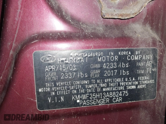 2003 Hyundai Sonata GLS with VIN KMHWF35H13A882475, listed as a IAAI auction lot 41863570 with 168,303 mi miles. Bid and sale history available at carsss.com. Image 9.