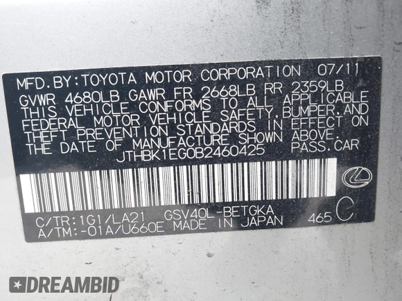 2011 Lexus ES 330 с VIN JTHBK1EG0B2460425, выставлен на аукционе IAAI как лот 42416718 с пробегом 158 708 миль миль и . История ставок и продаж доступна на DreamBid. Изображение 9.