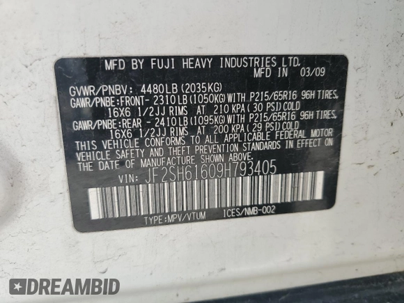 2009 Subaru Forester X with VIN JF2SH61609H793405, listed as a Copart auction lot 60682025 with 152,435 mi miles and Salvage title. Bid and sale history available at DreamBid. Image 14.