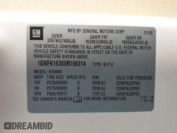 2008 Chevrolet Suburban LTZ z VIN 1GNFK163X8R196314, wystawiony jako IAAI lot #42127143 z przebiegiem 119 598 mil mil oraz . Historia ofert i sprzedaży dostępna na DreamBid. Obrazek 9.