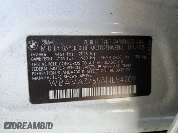 2008 BMW 3 Series 328i with VIN WBAVA37558NL54209, listed as a Copart auction lot 64012685 with 129,324 mi miles and Salvage title. Bid and sale history available at DreamBid. Image 12.