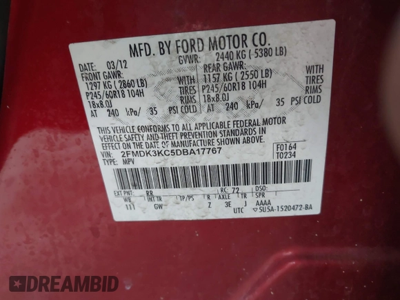 2013 Ford Edge Limited z VIN 2FMDK3KC5DBA17767, wystawiony jako IAAI lot #42372470 z przebiegiem Nie podano mil oraz . Historia ofert i sprzedaży dostępna na DreamBid. Obrazek 9.