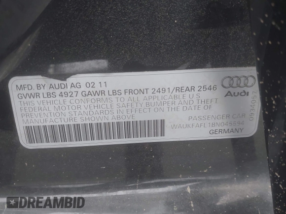 2011 Audi A4 Prestige z VIN WAUKFAFL1BN045594, wystawiony jako IAAI lot #41937163 z przebiegiem 158 779 mil mil oraz . Historia ofert i sprzedaży dostępna na DreamBid. Obrazek 9.