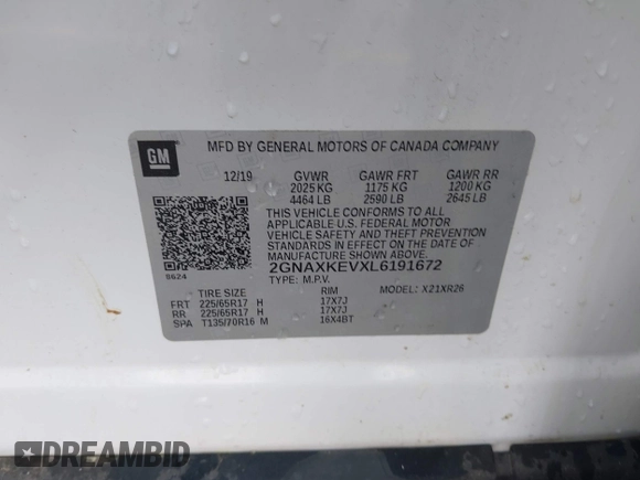 2020 Chevrolet Equinox LT z VIN 2GNAXKEVXL6191672, wystawiony jako IAAI lot #41903474 z przebiegiem 130 056 mil mil oraz . Historia ofert i sprzedaży dostępna na DreamBid. Obrazek 9.