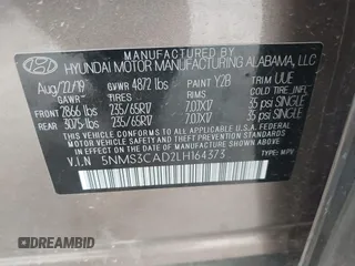 2020 Hyundai Santa Fe SEL z VIN 5NMS3CAD2LH164373, wystawiony jako IAAI lot #42099713 z przebiegiem 49 566 mil mil oraz . Historia ofert i sprzedaży dostępna na DreamBid. Obrazek 9.