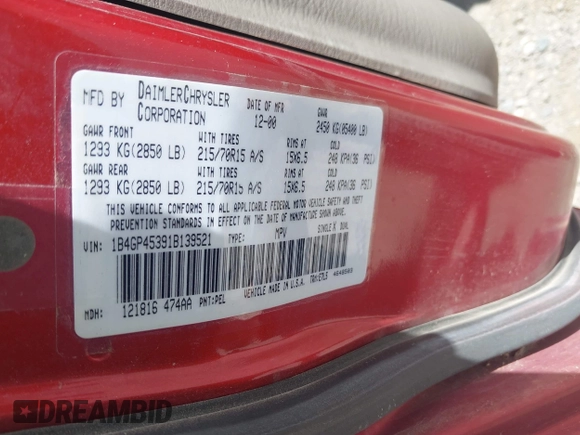 2001 Dodge Caravan Sport z VIN 1B4GP45391B139521, wystawiony jako IAAI lot #42172548 z przebiegiem 188 205 mil mil oraz . Historia ofert i sprzedaży dostępna na DreamBid. Obrazek 9.