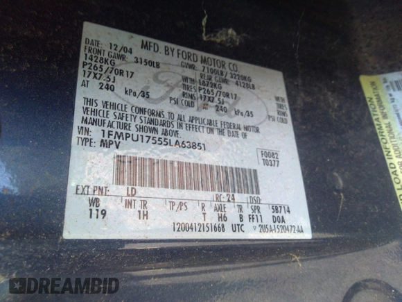 2005 Ford Expedition Eddie Bauer with VIN 1FMPU17555LA63851, listed as a IAAI auction lot 36265440 with Not provided miles and . Bid and sale history available at DreamBid. Image 9.