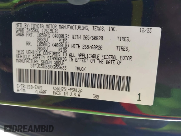 2024 Toyota Tundra Limited Hybrid with VIN 5TFJC5DB3RX055633, listed as a IAAI auction lot 40518060 with 12,382 mi miles and . Bid and sale history available at DreamBid. Image 9.