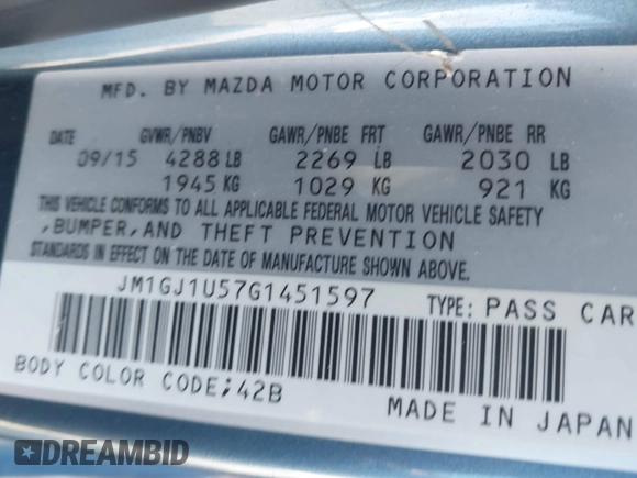 2016 Mazda 6 i Sport with VIN JM1GJ1U57G1451597, listed as a IAAI auction lot 41658184 with 142,504 mi miles and . Bid and sale history available at DreamBid. Image 9.