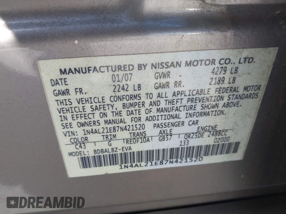 2007 Nissan Altima 2.5 S with VIN 1N4AL21E87N421520, listed as a IAAI auction lot 42009119 with 327,459 mi miles. Bid and sale history available at carsss.com. Image 9.