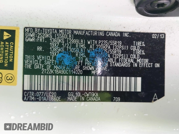 2013 Lexus RX 350 with VIN 2T2ZK1BA9DC114020, listed as a IAAI auction lot 41462097 with 213,284 mi miles and . Bid and sale history available at DreamBid. Image 9.