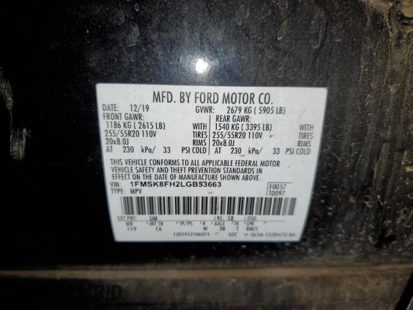2020 Ford Explorer Limited with VIN 1FMSK8FH2LGB53663, listed as a Copart auction lot 43566905 with 72,226 mi miles and Salvage Title. Bid and sale history available at carsss.com. Image 15.