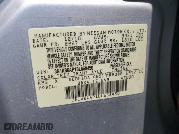 2011 Nissan Sentra SR z VIN 3N1AB6AP1BL658450, wystawiony jako Copart lot #60906635 z przebiegiem Nie podano mil oraz Szkoda całkowita • Salvage title. Historia ofert i sprzedaży dostępna na DreamBid. Obrazek 12.